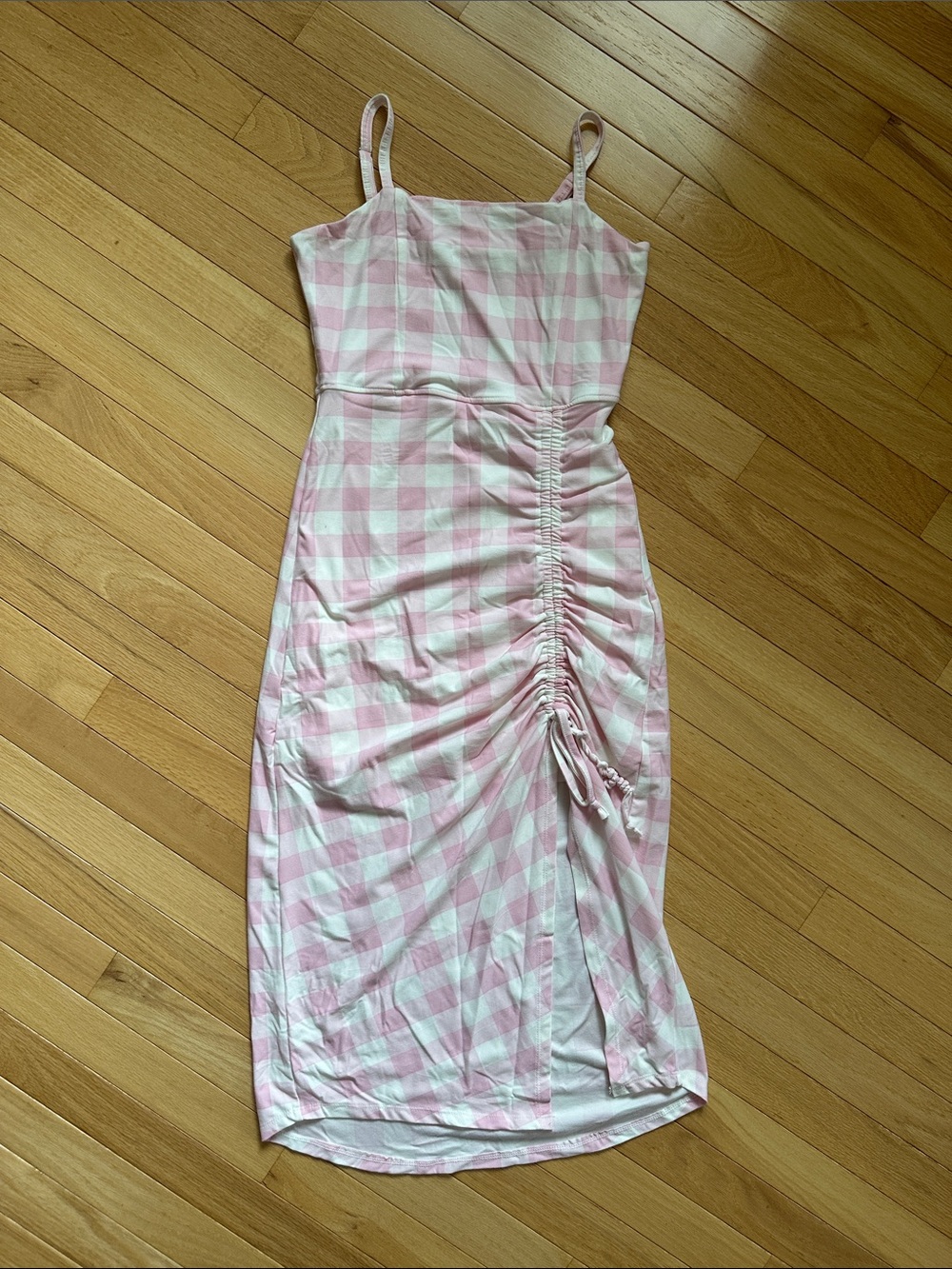 Pink Gingham Ruched Midi Dress - Women